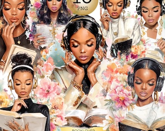 Booklover Black Woman Png Bundle, Reading Black Girl Cliparts, Floral African American Lady Boss Bookworm Designs, Bookish Girlie Stickers