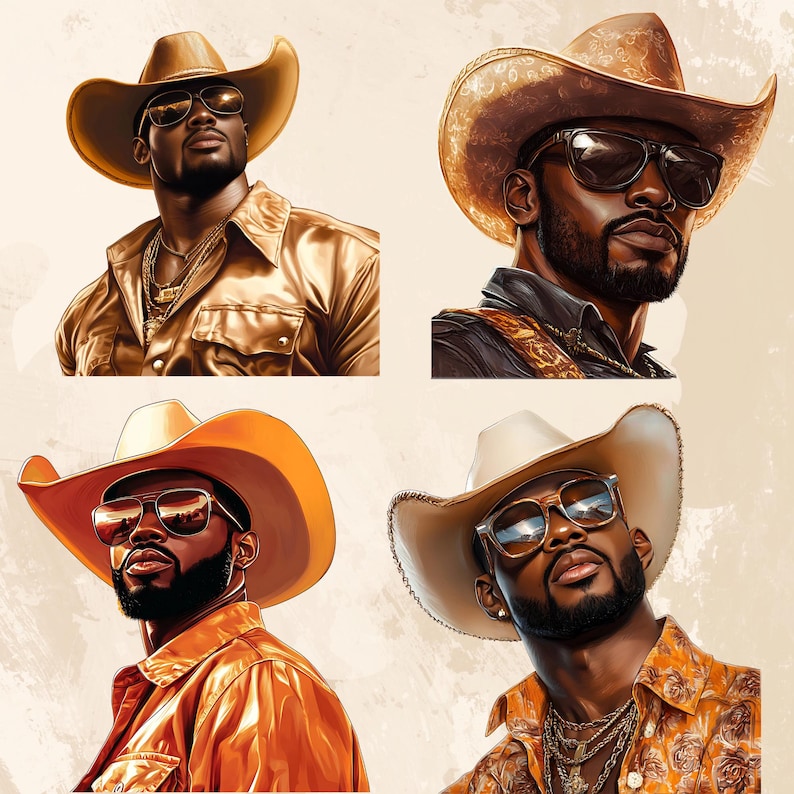 Western Cowboy Black Man Png Bundle Black Boy African American Male Clipart Black People Rodeo Sticker Afro Men Cowboy Hat Graphic Design - showing the design images