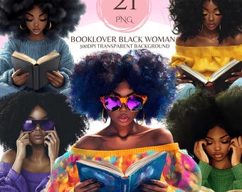 Black Woman, Booklover Png, Reading Girl Bundle Png, Black Girl Png, African American, Black People Afro Woman, Bookworm Girl Bookish Girlie