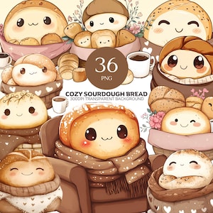 May include: 36 digital illustrations of cute cartoon sourdough bread in various poses and settings. The bread is depicted with smiling faces and wearing cozy clothing. The illustrations are perfect for use in digital projects, such as social media posts, website graphics, and printable designs.