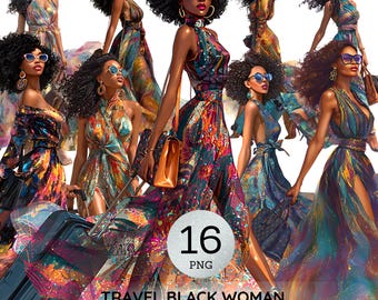 Resa svart kvinna png-paket svart flicka clipart afroamerikansk svart person klistermärke resor diva kvinnor design vacker glam dam grafik