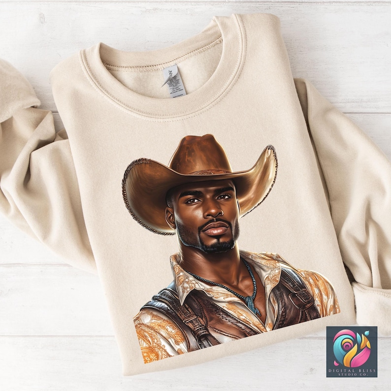 Western Cowboy Black Man Png Bundle Black Boy African American Male Clipart Black People Rodeo Sticker Afro Men Cowboy Hat Graphic Design - showing the design in a sand colored sweatshirt mockup