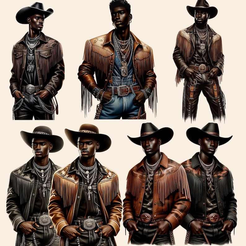 Western Black Cowboy Png Bundle Black Boy African American Male Clipart Black People Rodeo Sticker Afro Modern Man Cowboy Hat Graphic Design - showing the design images