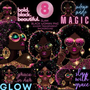 Glam Black Woman Bundle Png Glitter Black Girl Clipart African American Black People Sticker Afro Women Design Beautiful Black Girl Graphics