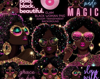 Glam Black Woman Bundle Png Glitter Black Girl Clipart African American Black People Sticker Afro Women Design Beautiful Black Girl Graphics