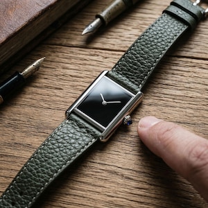 Minimalist Rectangular Watch, Old Money Black Dial Timepiece, Black dial watch, Green Leather Strap, Gift for Him, Birthday Gift