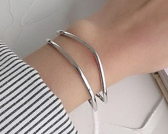 Simple Double Layer Open Bangle  925 Sterling Silver Gift For Her