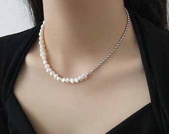 Elegant Irregular Natural Pearls  Sterling Silver Choker Necklace   Gift For HerWedding  Wife Girlfriend Bride