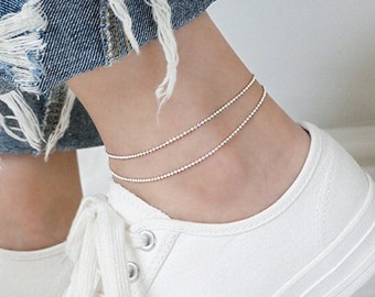 Girl Beads Chain Double Layers 925 Sterling Silver Anklet  For Women  Gift Girlfriend Mother