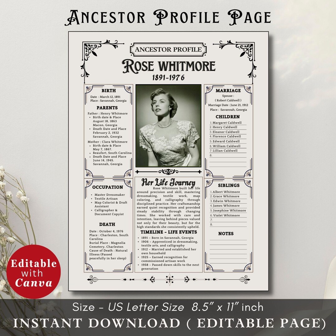 Printable Ancestor Profile Biography Page Editable Genealogy Form ...