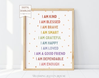 Printable Kid Affirmations Poster, Positive Affirmation Poster for kids, Boho Rainbow Nursery Decor, Kids Room Decor