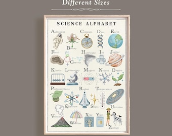Printable Science Alphabet Poster, Homeschool Poster for Kid, Watercolor Alphabet, Science Classroom Poster, Vintage Alphabet Wall Art