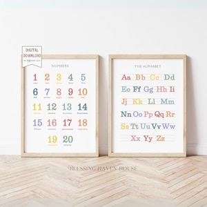 Printable Rainbow Alphabet Poster for Kids, Numbers Chart, Homeschool Classroom Decor, Educational Nursery Wall Decor, Rainbow Nursery Decor