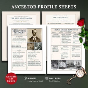May include: A set of printable ancestor profile sheets titled Ancestor Profile Sheets, featuring the Beaumont family history. The documents include biographical details, family trees, and historical photographs, accompanied by a red rose and a pocket watch.