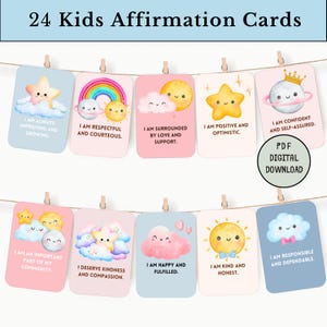Druckbare 24 tägliche positive Affirmationskarten für Kinder Selbstliebe, Worte der Affirmation für Kindermotivationskarte, Montessori-Karteikarten,