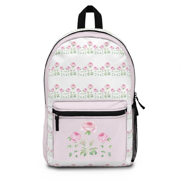 Floral Backpack, Flower Print Bookbag, Pink Roses Artist Drawn Design, Cottagecore Gift for her, Cute Present Bag, Pink Rose Garden Backpack