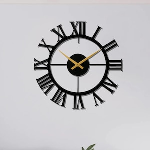 Modern Metal Wall Clock with Roman Numerals: Black Round Wall Art