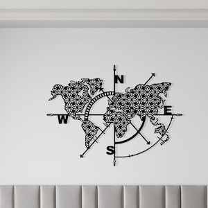 Weltkarte Metall Wandkunst Geographische Karte Kompass Reisende Entdecker Minimalistische Monochrome Urban Loft Stil Dekoration