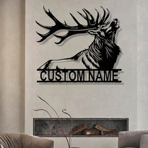 Arte de pared de metal de ciervo personalizado - Letrero personalizado con nombre de alce - Decoración rústica de pared para cabaña - Regalo para pabellón de caza - Regalo para el Día del Padre