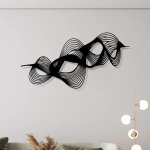 Minimalist Black Metal Wave Sculpture: Modern Abstract Wall Art