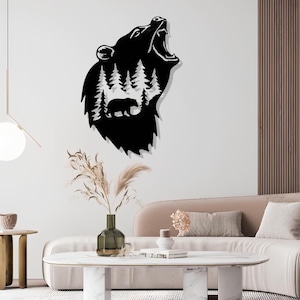 Cartello da parete in metallo con silhouette di orso di montagna, scena notturna nella foresta - Decorazione rustica moderna per la casa