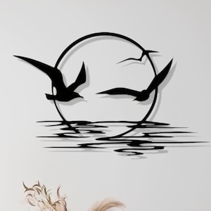 Seagulls Sunrise Metal Wall Art: Abstract Coastal Decor