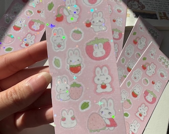 Holographic Strawberry Bunny Sticker Sheet: Planner Sticker, Journaling, Penpal, Deco, Korean Stationery, Gifts for her, Kawaii