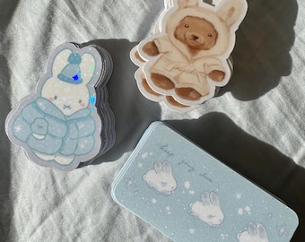 Winter Animal Stickers | Holographic Bunny, Bear Decals (Waterproof)