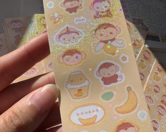 Banana Monkey Holographic Sticker Sheet | Korean Stationery
