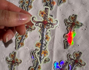 Fantasy Floral Sword Sticker Flake | Waterproof Holographic Star Decal, Gifts for Her, Girly, Planner, Journal, TOG inspired