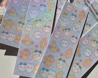 Kawaii Bunny & Hamster Holographic Sticker Sheet: Korean Stationery