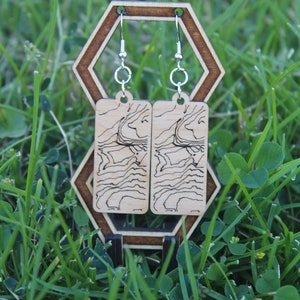 May include: A pair of wooden earrings with a laser-etched design of a topographic map. The earrings are hanging from a wooden stand with a hexagonal base.