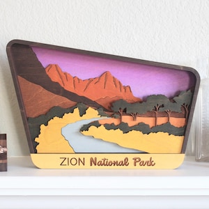 Panneau du parc national de Zion, art mural 3D découpé au laser, décoration en bois naturel, art d'étagère de cabine rustique, scène de nature en plein air