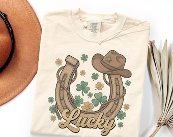 Comfort Colors Lucky Horseshoe Shirt Western St Patrick’s Day Tee Shamrock Cowgirl Irish Lucky Shirt Rustic Country