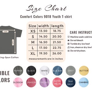 May include: Size chart for Comfort Colors 9018 Youth T-shirt. Includes measurements in inches for XS to XL sizes. Available colors are Pepper, Black, White, Blue Jean, Grey, Butter, Blossom, Crimson, Orchid, Watermelon, True Navy, and Chambray.