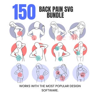 Pode incluir: Uma coleção gráfica digital intitulada 150 BACK PAIN SVG BUNDLE apresentando doze ilustrações de linha de pessoas com dor nas costas, destacadas por círculos vermelhos e azuis, com texto indicando compatibilidade com software de design.