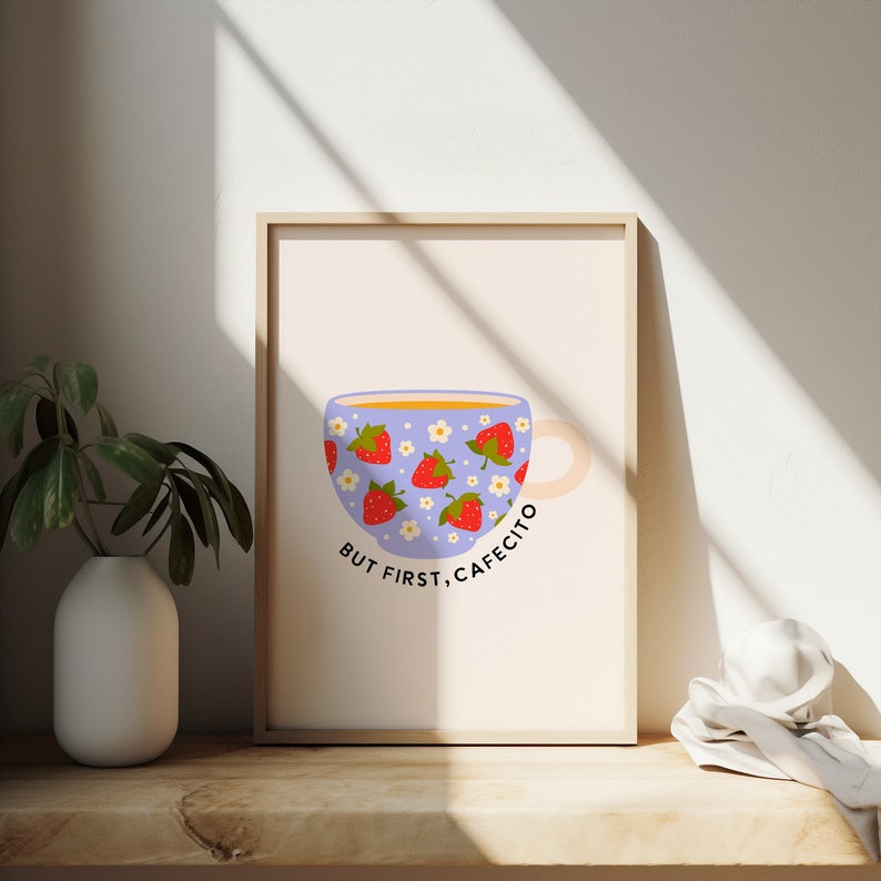 Cafecito Kitchen Poster Art With Strawberry and Floral Coffee Mug - Etsy