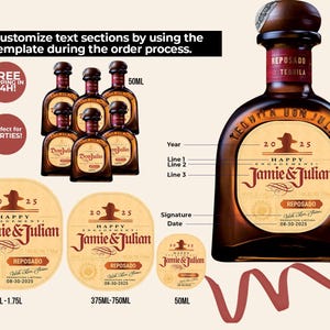 May include: A brown tequila bottle with a custom label that reads "Happy Engagement Jamie & Julian" with the date 08-30-2025. The image also shows various label sizes and a group of smaller bottles.