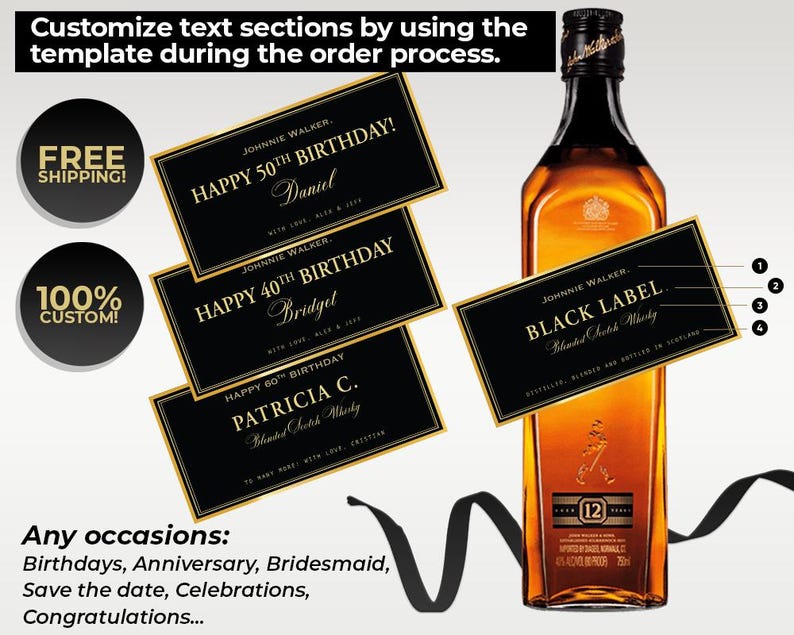 Customizable Johnnie Walker Black Label bottle labels for special occasions. Designs include wedding, groomsmen or best man proposal, milestone birthday, and corporate gifting. Labels feature sleek black and gold color schemes with bold, elegant typography. All text areas are customizable during the order process. Free shipping and fully personalized options available. Labels are displayed on a Johnnie Walker Black Label whiskey bottle.