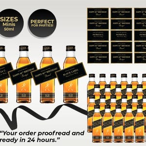 Customizable minis 50ml Johnnie Walker Black Label bottle labels for special occasions. Designs include wedding, groomsmen or best man proposal, milestone birthday, and corporate gifting. Labels feature sleek black and gold color schemes with bold, elegant typography. All text areas are customizable during the order process. Free shipping and fully personalized options available. Labels are displayed on a Johnnie Walker Black Label whiskey bottle.