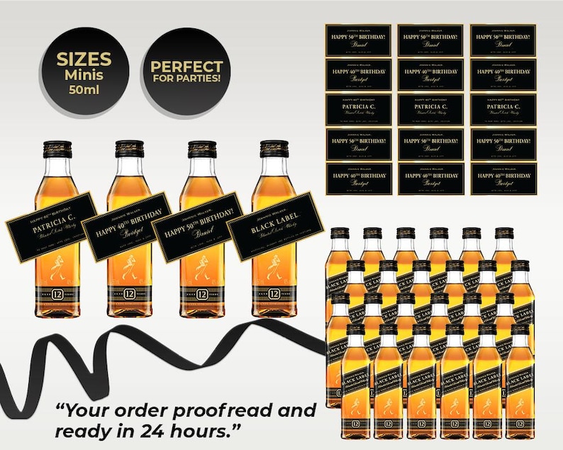 Customizable minis 50ml Johnnie Walker Black Label bottle labels for special occasions. Designs include wedding, groomsmen or best man proposal, milestone birthday, and corporate gifting. Labels feature sleek black and gold color schemes with bold, elegant typography. All text areas are customizable during the order process. Free shipping and fully personalized options available. Labels are displayed on a Johnnie Walker Black Label whiskey bottle.