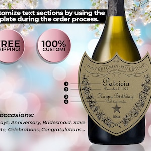 Custom Dom Champagne Label, Personalized Champagne Liquor Label, Bridesmaid Champagne, Engagement Gift, Wedding Gift, Birthday Gift.