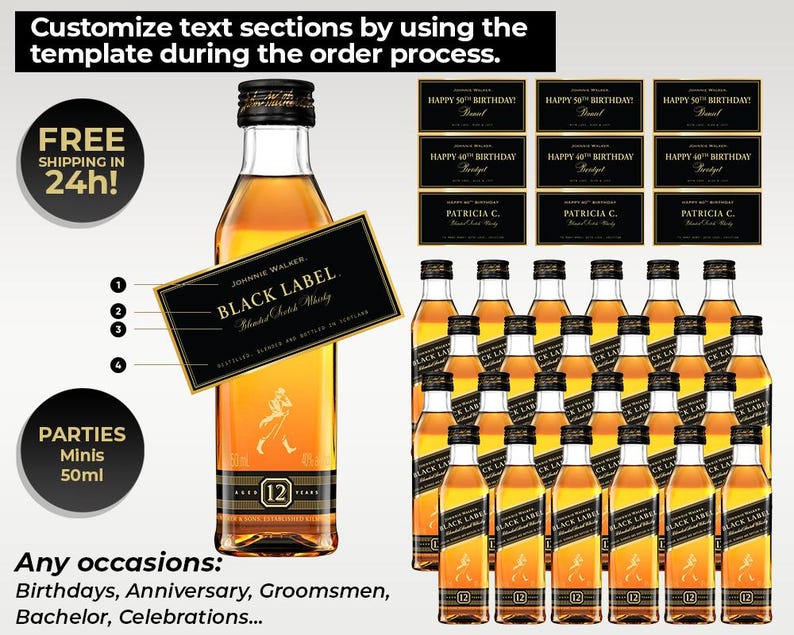 Customizable minis 50ml Johnnie Walker Black Label bottle labels for special occasions. Designs include wedding, groomsmen or best man proposal, milestone birthday, and corporate gifting. Labels feature sleek black and gold color schemes with bold, elegant typography. All text areas are customizable during the order process. Free shipping and fully personalized options available. Labels are displayed on a Johnnie Walker Black Label whiskey bottle.
