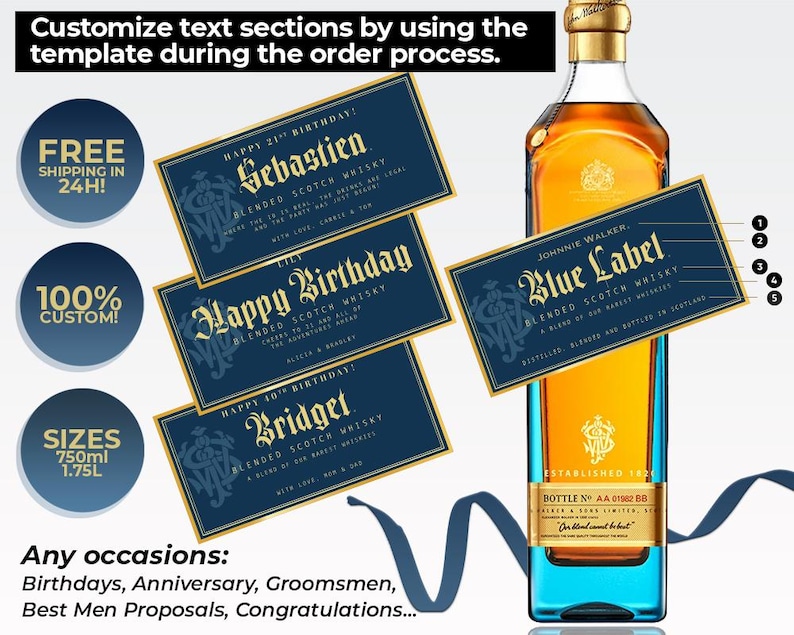 Customizable Johnnie Walker Blue Label bottle labels for special occasions. Designs include wedding, groomsmen or best man proposal, milestone birthday, and corporate gifting. Labels feature sleek black and gold color schemes with bold, elegant typography. All text areas are customizable during the order process. Free shipping and fully personalized options available. Labels are displayed on a Johnnie Walker Blues Label whiskey bottle.