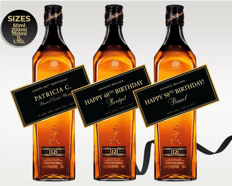 Customizable Johnnie Walker Black Label bottle labels for special occasions. Designs include wedding, groomsmen or best man proposal, milestone birthday, and corporate gifting. Labels feature sleek black and gold color schemes with bold, elegant typography. All text areas are customizable during the order process. Free shipping and fully personalized options available. Labels are displayed on a Johnnie Walker Black Label whiskey bottle.