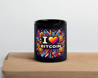 Taza Negra Brillante "I Love Bitcoin"