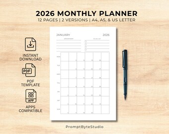 2026 Monthly Planner Printable | Minimalist Design (PDF Download)