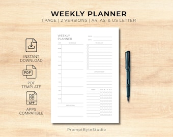 Weekly Printable Planner PDF | Goals, Schedule, To-Do, Habits & Reflection | Instant Download