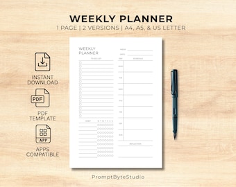 Weekly Printable Planner PDF | Goals, Schedule, To-Do, Habits & Reflection | Instant Download