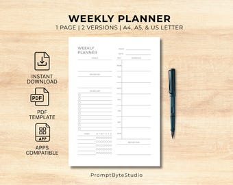 Weekly Printable Planner PDF | Goals, Schedule, To-Do, Habits & Reflection | Instant Download